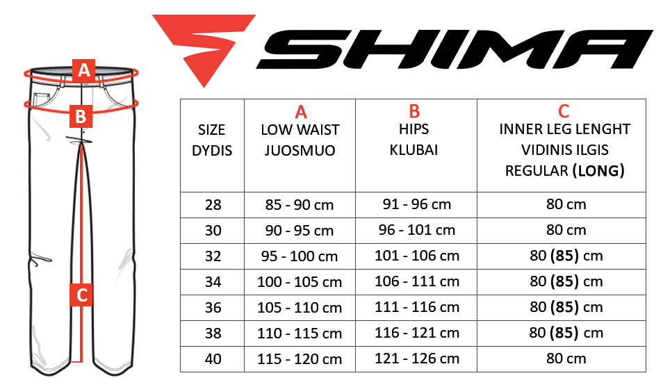 SHIMA size table